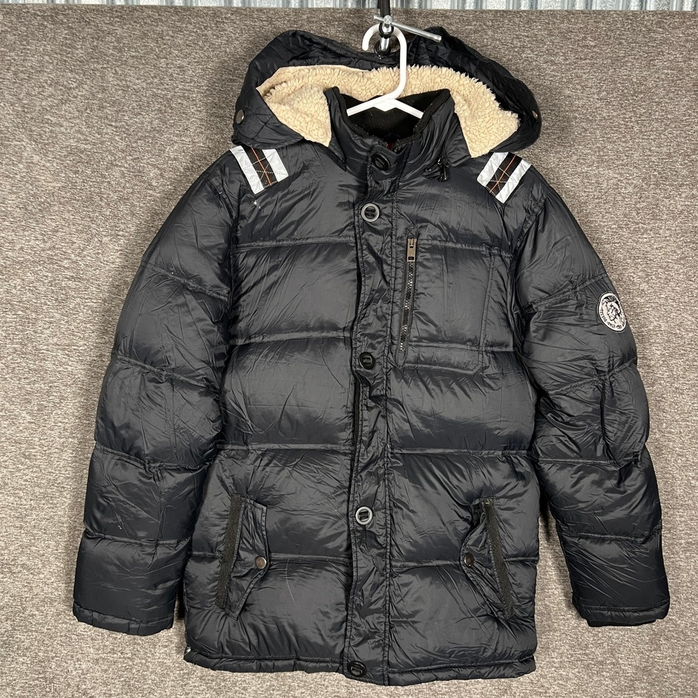 Diesel Puffer Winter Coat Jacket Kids Black Hooded Size 18/20 Patches
